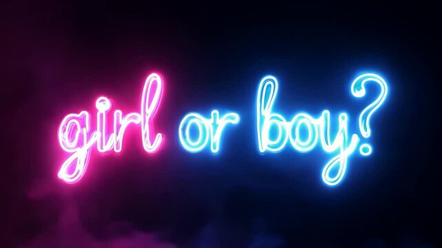 Glowing pink and blue neon sign against a dark background sets the stage for a gender reveal party, with swirling smoke adding anticipation and excitement to the celebration of family and love