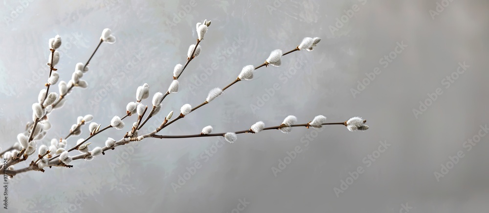 Aufkleber pussy willow branches set against a grey background. copy space image. place for adding text and des