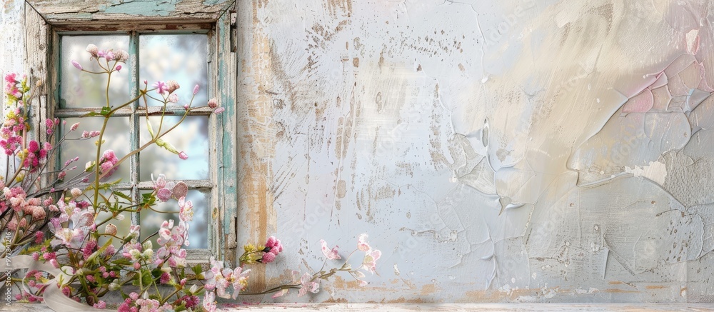 Poster easter background featuring an old weathered rustic window frame with peeling paint and spring flowe