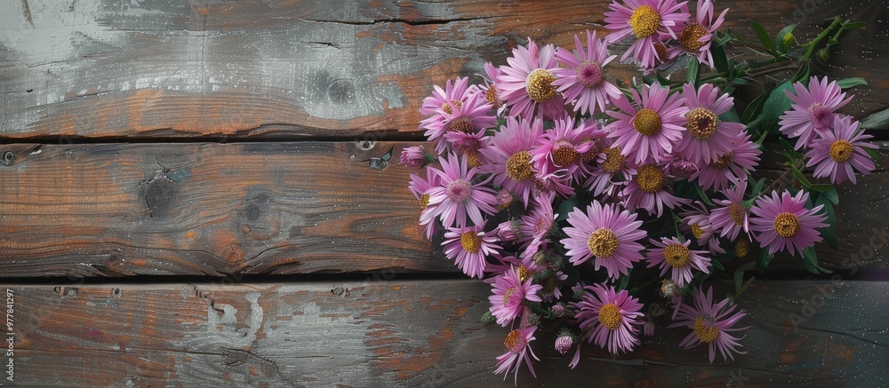 Canvas Prints Asters arrangement on aged wooden surface. Copy space image. Place for adding text and design