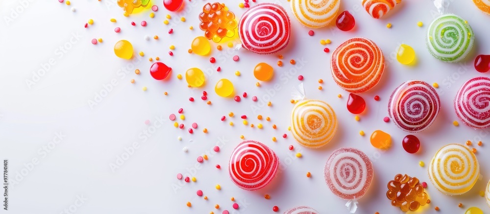 Poster vibrant candies on a white surface. copy space image. place for adding text and design