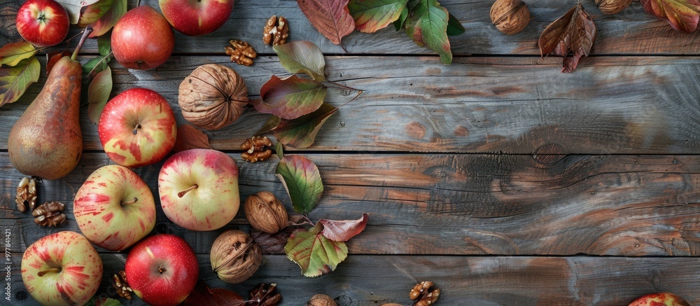 Poster autumn border featuring apples pears and walnuts on an aged wooden table fall thanksgiving and bakin