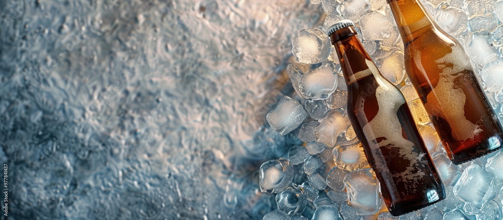 Poster bottles of beer resting on ice cubes top view. copy space image. place for adding text and design