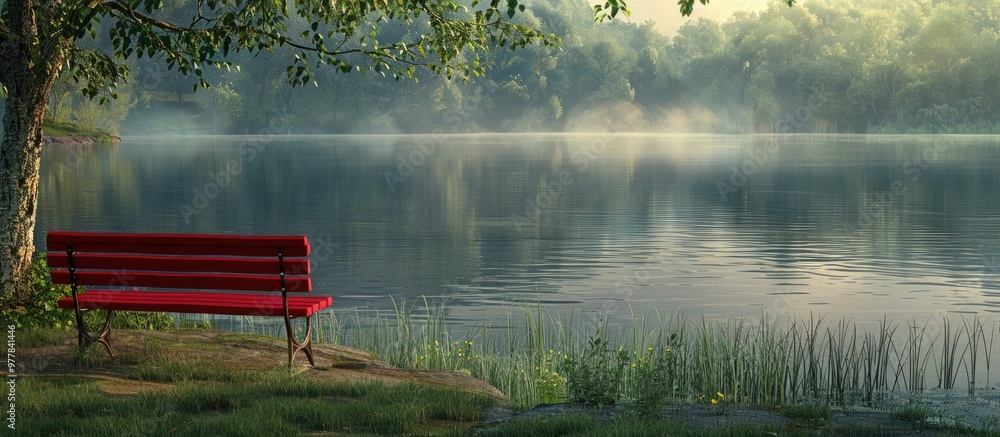 Poster red bench by the lake tranquil. copy space image. place for adding text and design