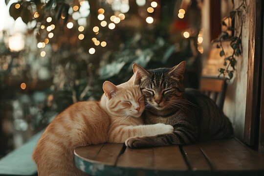Two Cats Sleeping Together on a Bench Under Twinkle Lights - Powered by Adobe