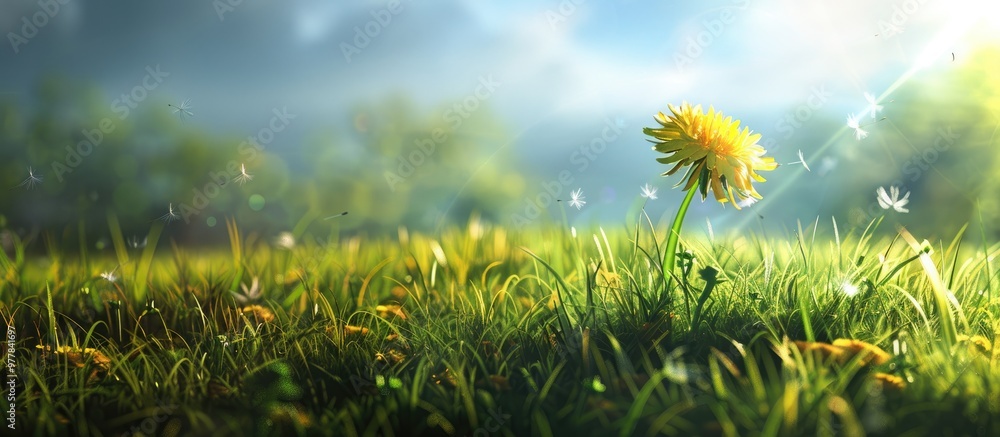 Poster lovely spring dandelion flower in a grassy field. copy space image. place for adding text and design