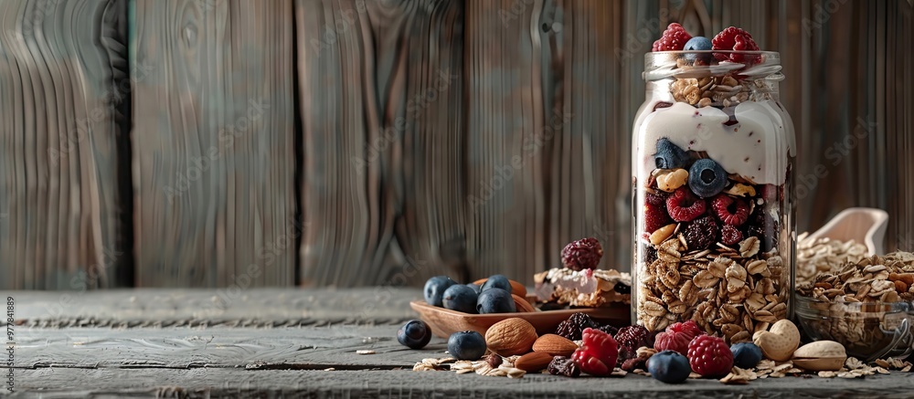 Aufkleber selective focus on a jar of granola containing nuts oat flakes berries and cereal bars set against a