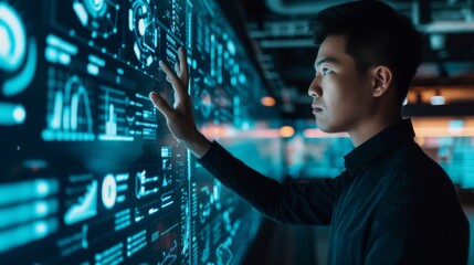 Man Interacting with Futuristic Data Visualization on Interactive Display