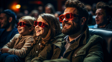 Fototapeta premium A group of people wearing 3D glasses watching a movie together