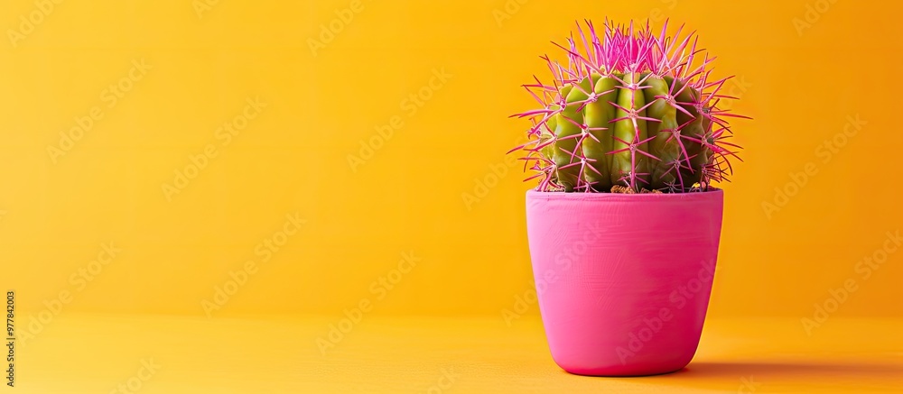 Wall mural lovely pink cactus in a pink pot on yellow. Copy space image. Place for adding text and design