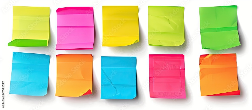 Poster a collection of vibrant sticky notes set against a white background. copy space image. place for add