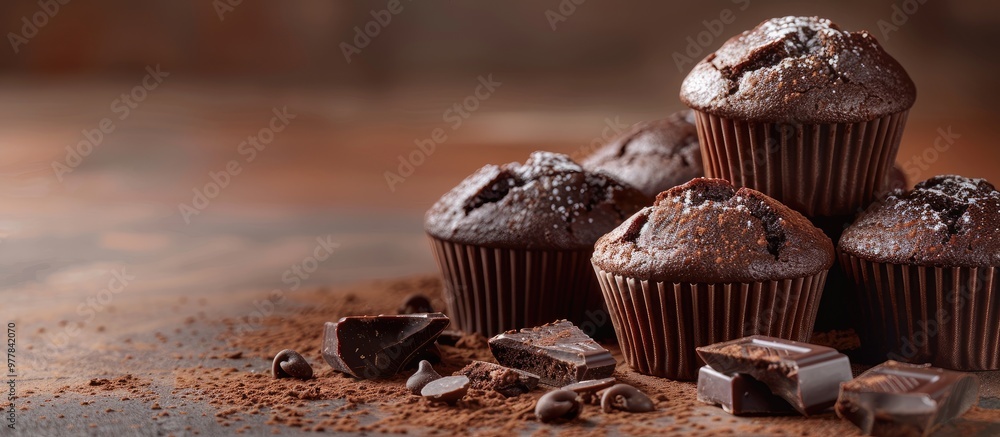 Poster chocolate muffins as a dessert option. copy space image. place for adding text and design