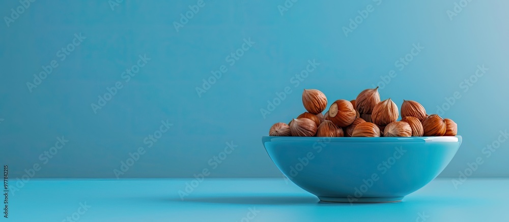 Poster hazelnuts in a blue dish. copy space image. place for adding text and design