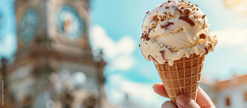 Aufkleber A hand holding ice cream with chocolate in front of a clock tower background. Copy space image. Place for adding text and design