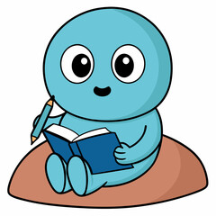 A small cartoon character sitting on a fluffy teal cushion, holding a pencil and a notebook