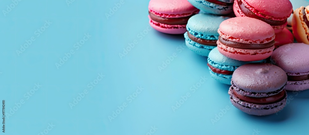 Poster arrangement of tasty macaroons on a blue table a delightful dessert. copy space image. place for add