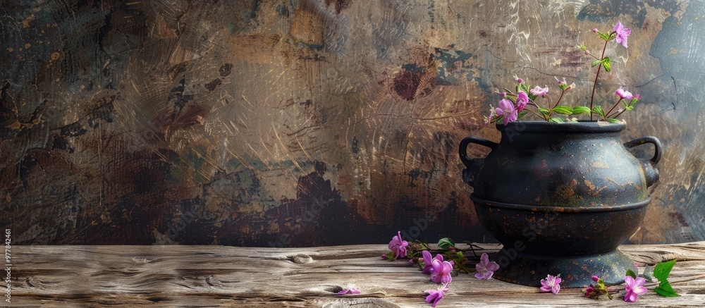 Poster small metal cauldron with flowers on wood. copy space image. place for adding text and design