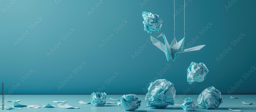 Aufkleber innovative concepts or transformation ideas featuring crumpled paper balls and a crane emphasizing t