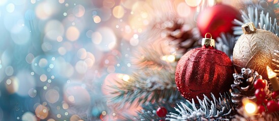 Obraz premium Christmas backdrop and lovely decorations New Year Selective focus Celebration. Copy space image. Place for adding text and design