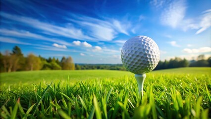 Golf ball on tee in lush green field against blue sky