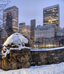 Gapstow Bridge in Central Park, snow storm winter