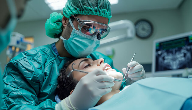 A woman getting her teeth checked by a dentist