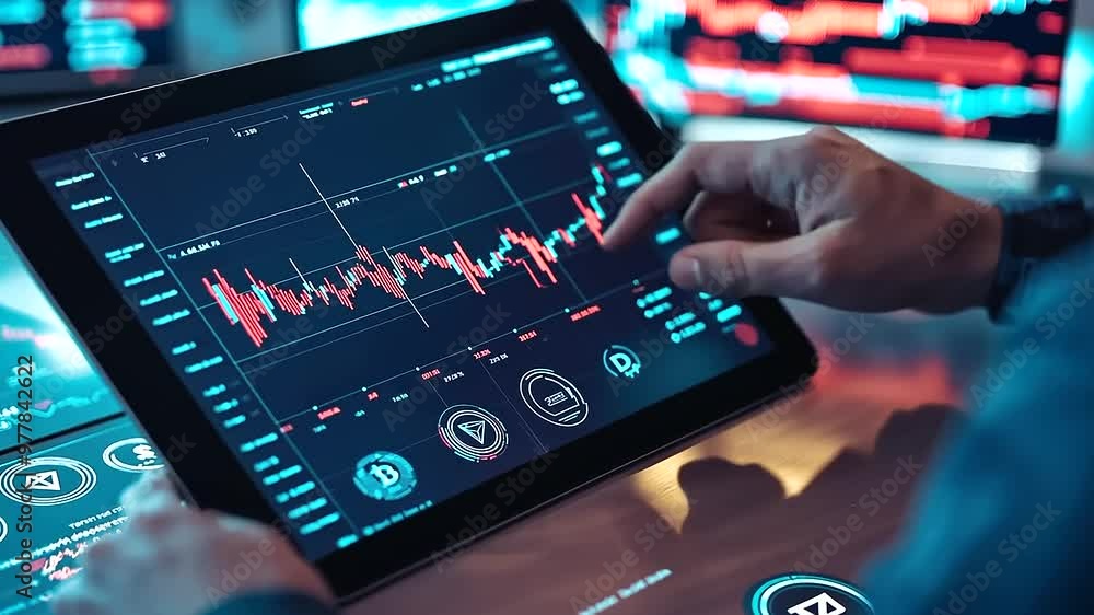 Poster a trader looking at a stock price chart on a tablet, with a transparent overlay of cryptocurrency lo