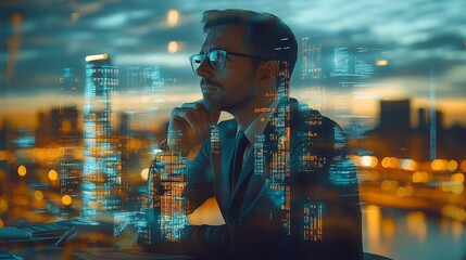 A thoughtful businessman analyzes data and trends in a double exposure setting, showcasing urban landscapes at twilight