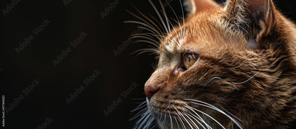 Poster portrait of a red haired cat focusing on the head details. copy space image. place for adding text a