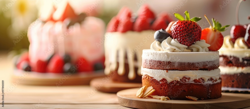 Poster different types of cakes available at bakeries appear very appetizing. copy space image. place for a