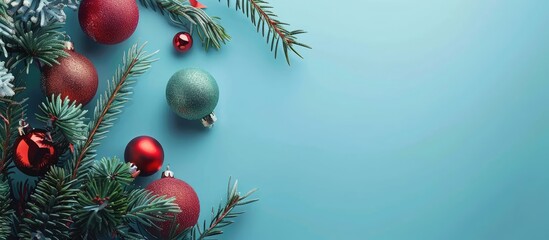 Coniferous branches and Christmas ornaments set against a blue background for New Year s copy space