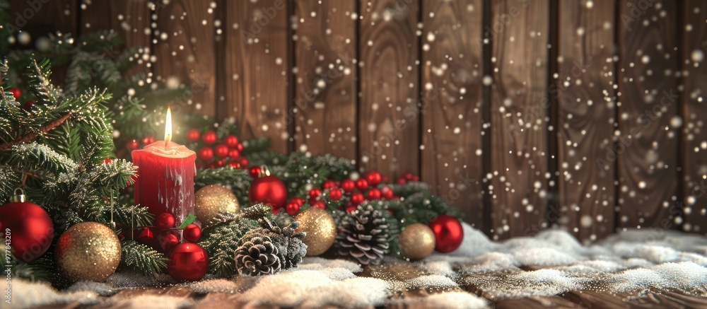 Poster christmas decorations featuring a candle christmas tree ornaments fir branches and pine cones set in