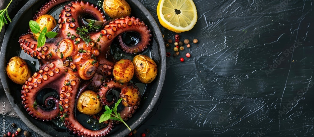 Poster grilled octopus with small potatoes seasoned with herbs and spices top view with room for your text.