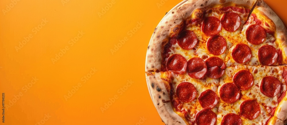 Poster pepperoni pizza on an orange background viewed from above tasty homemade pizza from a top view. copy