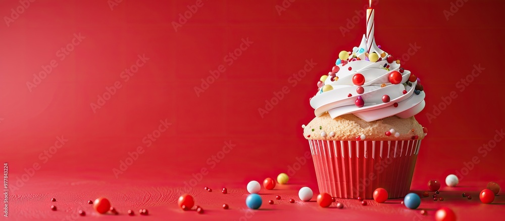 Poster birthday cupcake topped with whipped cream adorned with colorful sugar balls and a blown out birthda
