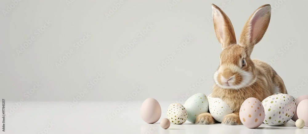 Poster easter bunny alongside eggs on a white background. copy space image. place for adding text and desig