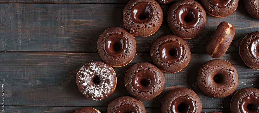 Poster close up of donuts with icing a top view of chocolate donuts dusted with icing sugar on a black wood
