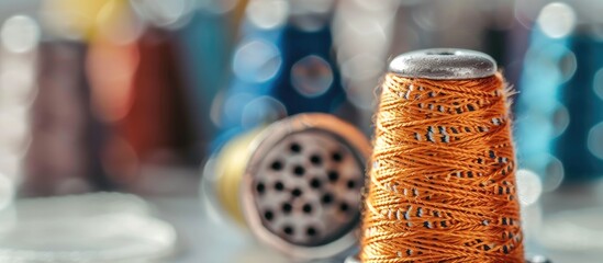 Close up of a thimble and thread. Copy space image. Place for adding text and design