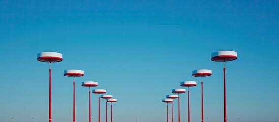 Fototapeta premium A row of airport lamp posts painted alternately in red and white against a blue sky backdrop copyspace