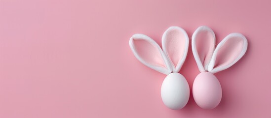 Fototapeta premium Cute and funny bunny eggs along with bunny rabbit ears for children on a pastel pink tabletop representing the Easter holiday concept Easter decorations for kids in a flat lay copyspace