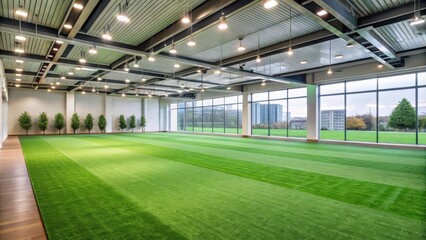 Naklejka premium Artificial turf flooring in a spacious indoor area with copy space