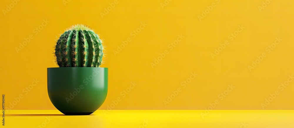Aufkleber green cactus in a green pot set against a yellow background. copy space image. place for adding text