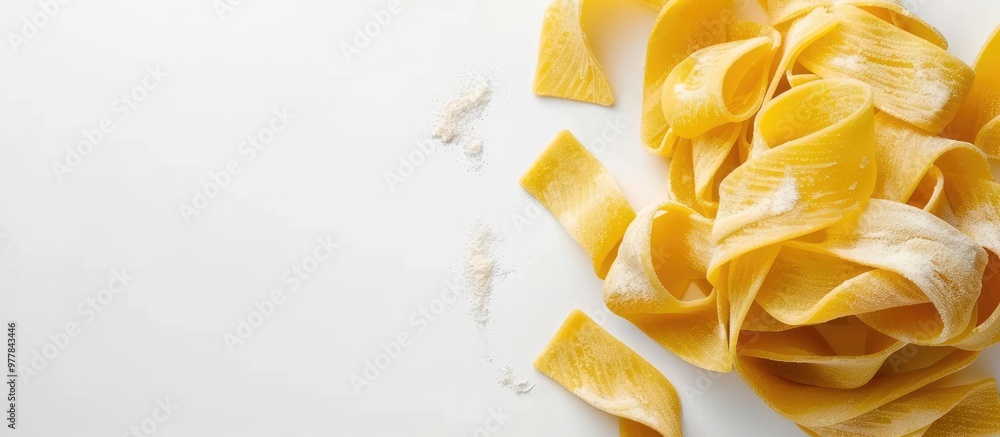 Poster pasta paccheri on a white backdrop focused selectively. copy space image. place for adding text and 