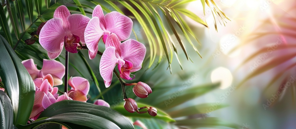 Poster lovely orchid flowers and leaves on a colorful background. copy space image. place for adding text a