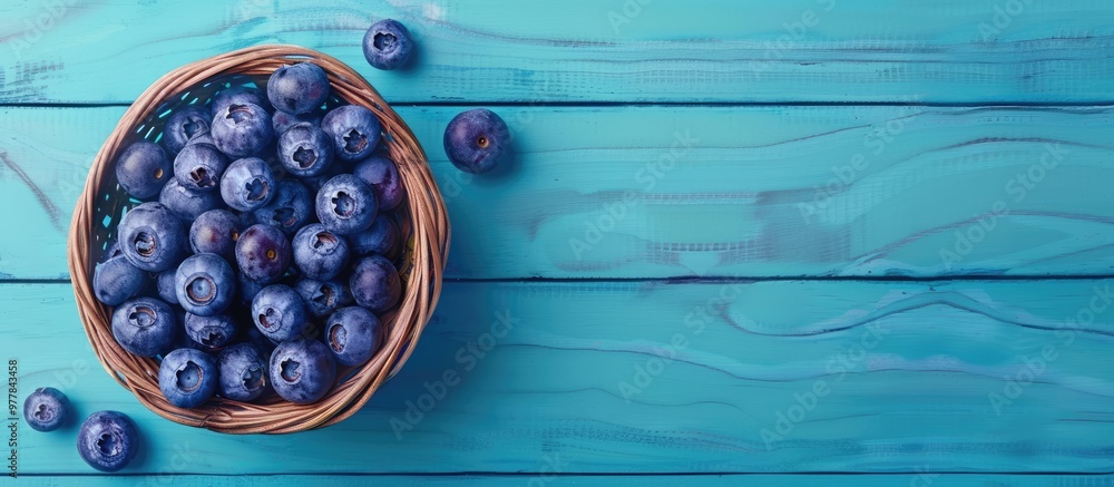 Sticker Ripe blueberries in a wicker bowl on a blue rustic wooden table Top view shot Background concept for harvesting and healthy nutrition and vitamins with copy space