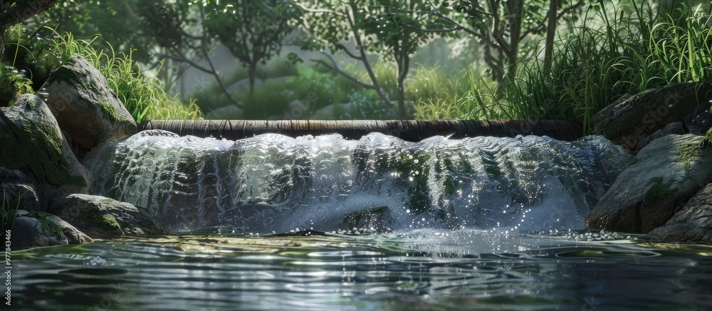 Aufkleber a stream of water cascades through a stone dam on a countryside river. copy space image. place for a