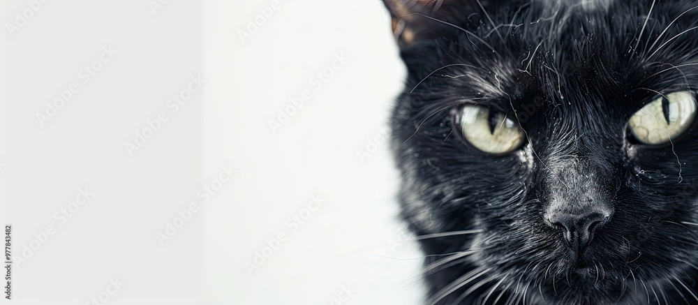 Poster close up of a black cat on a white background. copy space image. place for adding text and design