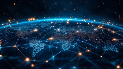 Obraz premium A glowing, decentralized digital web stretching across the world, nodes of light representing interconnected blockchain systems 