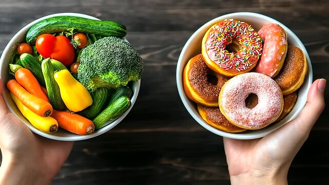 A bowl of nutrient-rich vegetables in one hand, and a bowl of sugary donuts in the other, visually contrasting the stark differences in food choices
