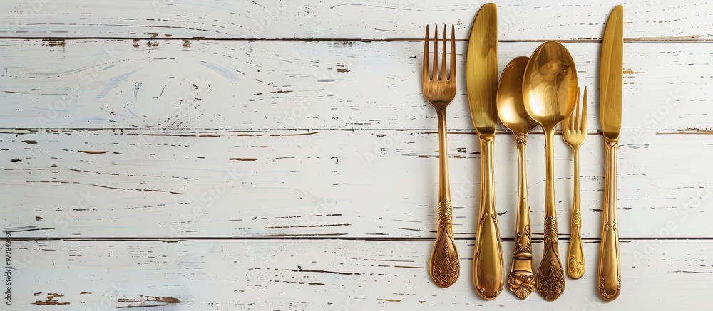Poster elegant table setting featuring golden cutlery on a white wooden surface. copy space image. place fo